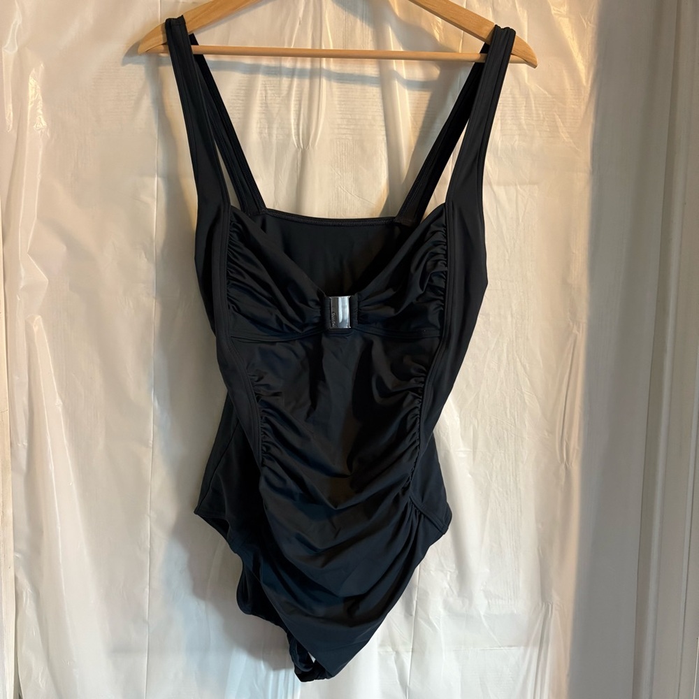 Calvin Klein Blue Gray Swimsuit Sz 14 Tummy Coverage Minimalist Flattering Swim‎